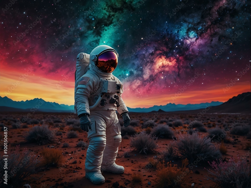 Astronaut in vibrant cosmic scenery. Astronaut in vibrant cosmic scenery.
