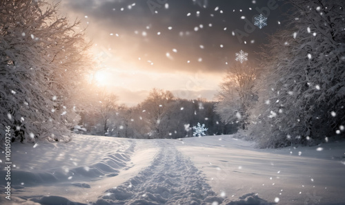 A snowy path winds through a forest during a winter sunset