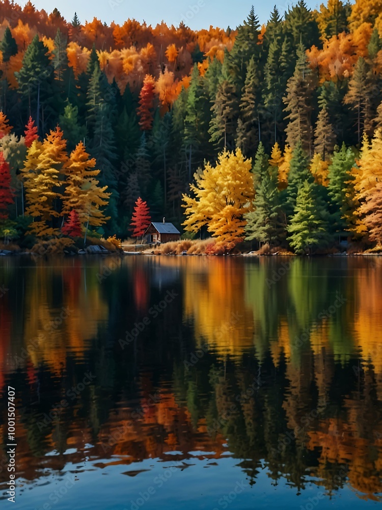 Autumn forest landscape with a lakeside cabin and vibrant trees. Autumn forest landscape with a lakeside cabin and vibrant trees.