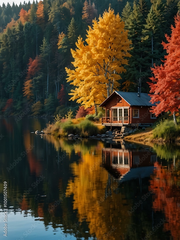 Autumn forest landscape with a lakeside cabin and vibrant trees. Autumn forest landscape with a lakeside cabin and vibrant trees.