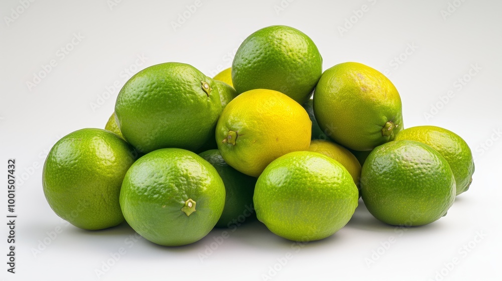 A Lime of green and yellow citrus fruit. The fruit is fresh and ripe. The pile is on a white background A Lime of green and yellow citrus fruit. The fruit is fresh and ripe. The pile is on a white background