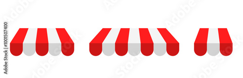 Store awning design. Striped shop and cafe awning, market stall covers isolated on white. Eps10 vector set of awning