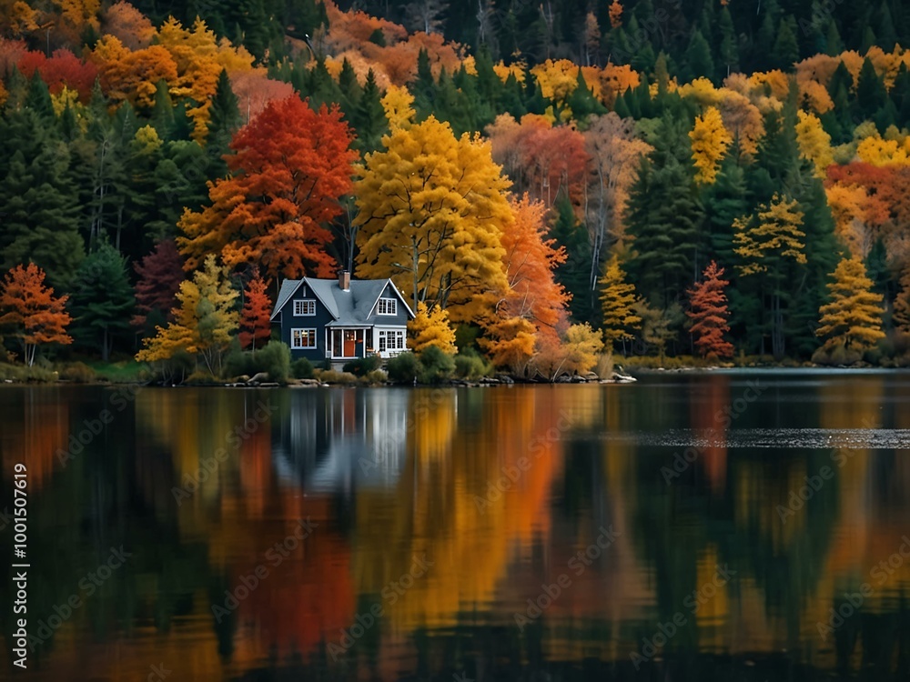 Autumn house by a lake, surrounded by vibrant fall colors. Autumn house by a lake, surrounded by vibrant fall colors.