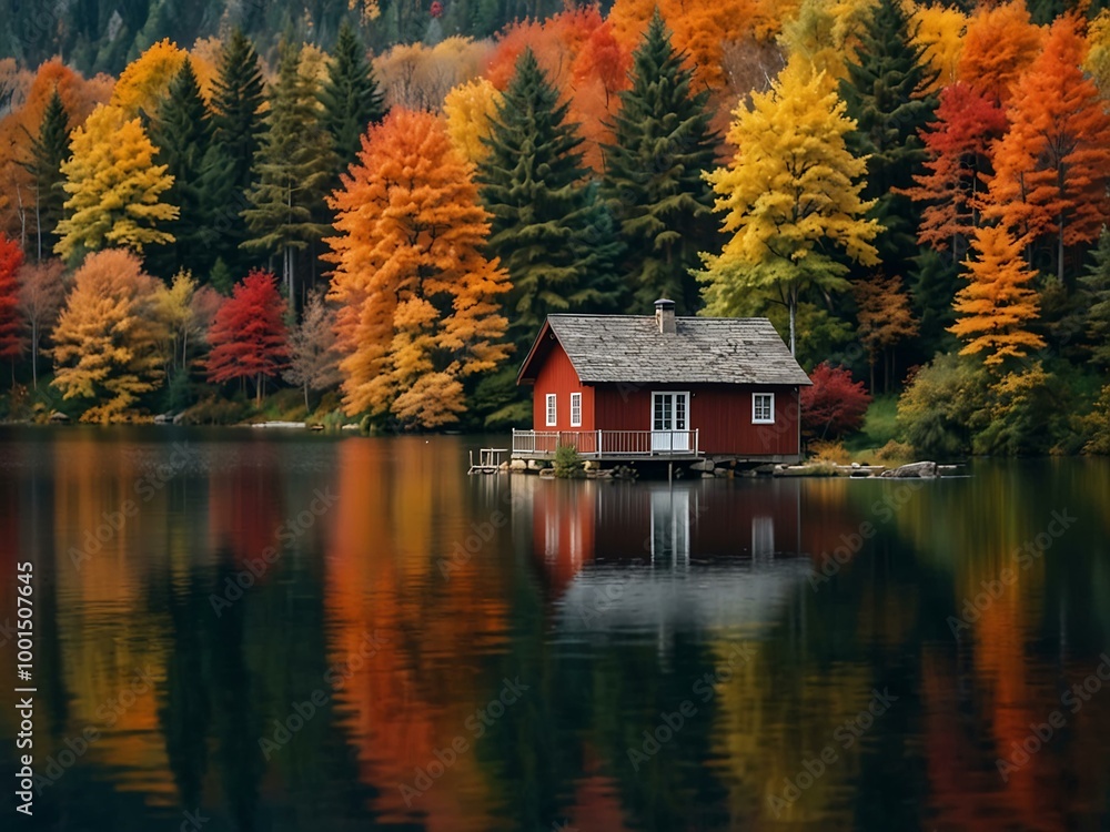 Autumn house by a lake, surrounded by vibrant fall colors. Autumn house by a lake, surrounded by vibrant fall colors.