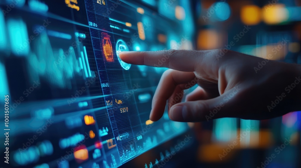 Businessman touching on digital screen with stock market graph and chart background, Businessman touching on digital screen with stock market graph and chart background,