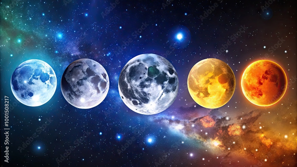 Detailed Drawing Illustrating the Various Phases of the Moon Against a Dark Starry Background Detailed Drawing Illustrating the Various Phases of the Moon Against a Dark Starry Background