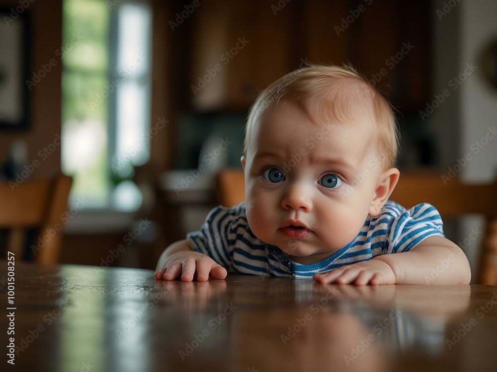 Baby peeking over a kitchen table, capturing a moment of curiosity. Baby peeking over a kitchen table, capturing a moment of curiosity.