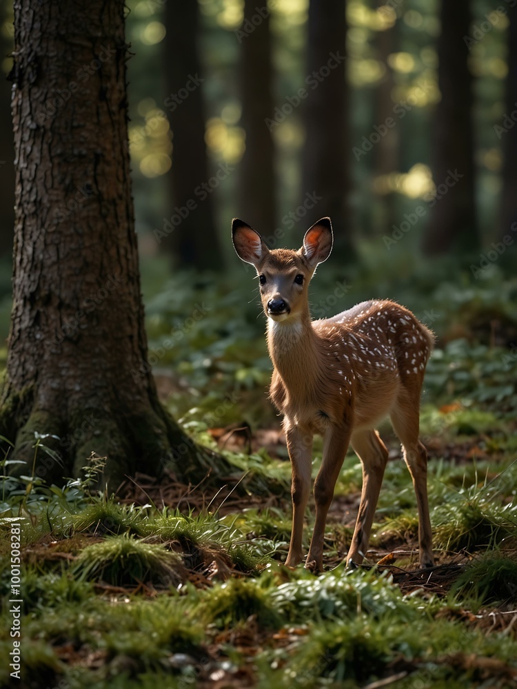 Baby roe deer spotted in a forest setting. Baby roe deer spotted in a forest setting.