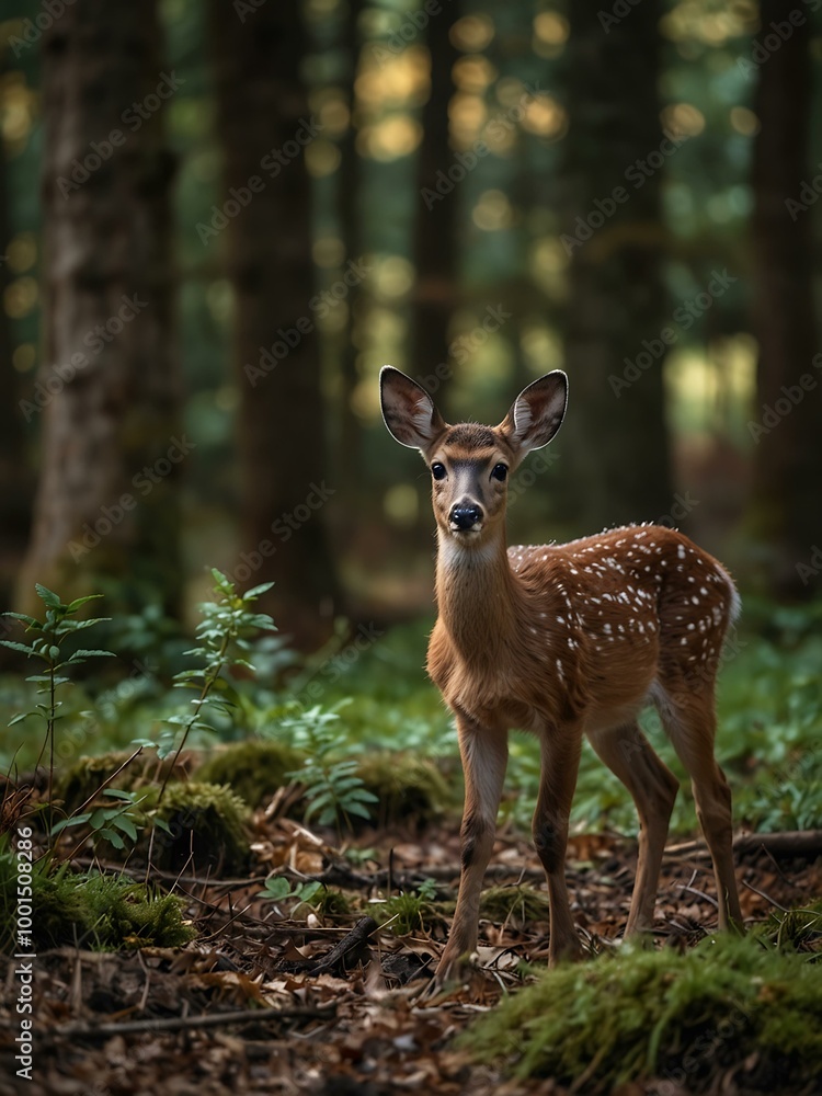 Baby roe deer spotted in a forest setting. Baby roe deer spotted in a forest setting.