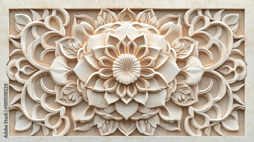 An abstract paper art piece with a symmetrical floral design in the center and flowing organic shapes