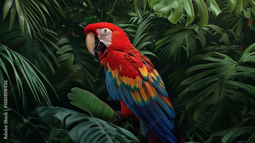 Hyperrealistic digital painting of a vibrant scarlet macaw among lush rainforest foliage Hyperrealistic digital painting of a vibrant scarlet macaw among lush rainforest foliage