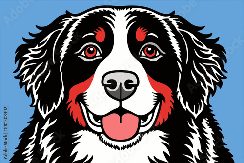 Colorful Pop Art Illustration of a Bernese Mountain Dog on Blue Background