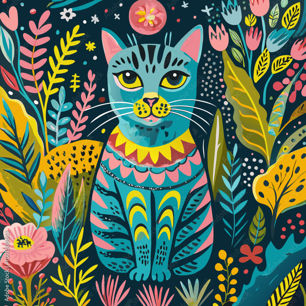 Fototapeta Colorful Illustrated Cat Surrounded by Whimsical Nature