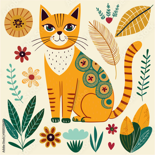 Whimsical Illustrated Cat Surrounded by Colorful Flora and Patterns