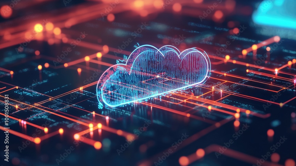 High-tech computer network with a prominent cloud logo, showcasing dynamic data flow and digital connections High-tech computer network with a prominent cloud logo, showcasing dynamic data flow and digital connections