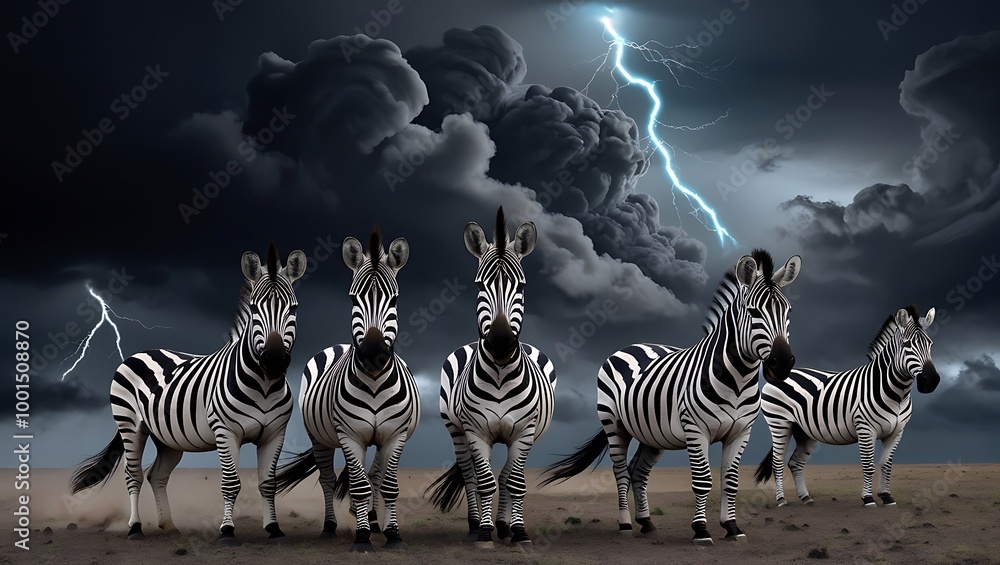 Fototapeta premium Experience the awe of nature with this stunning image of zebras standing boldly against a stormy sky.