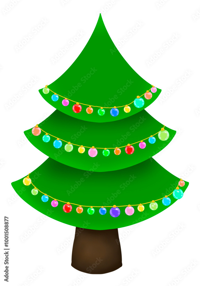 Christmas tree is decorated by hanging of three strings with colorful fairy lights is isolated background Christmas tree is decorated by hanging of three strings with colorful fairy lights is isolated background