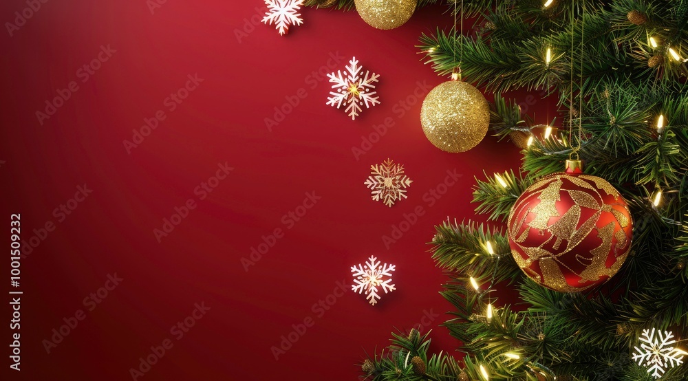 Merry christmas background with snow flakes, pattern ball and pine tree branches. greeting card, xmas decor. 