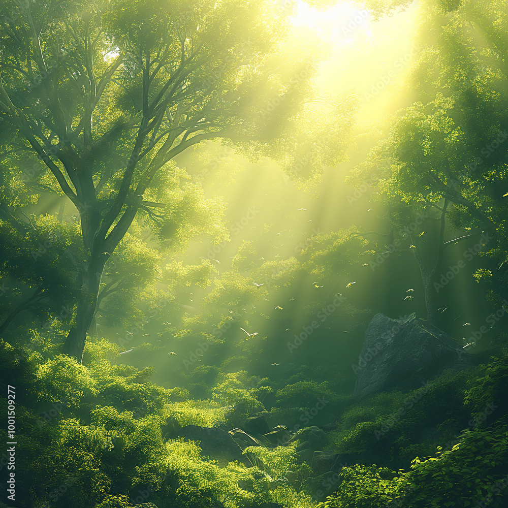 Obraz premium Forest sunlight filtering through trees with green nature and sunrays creating a lush foliage scene