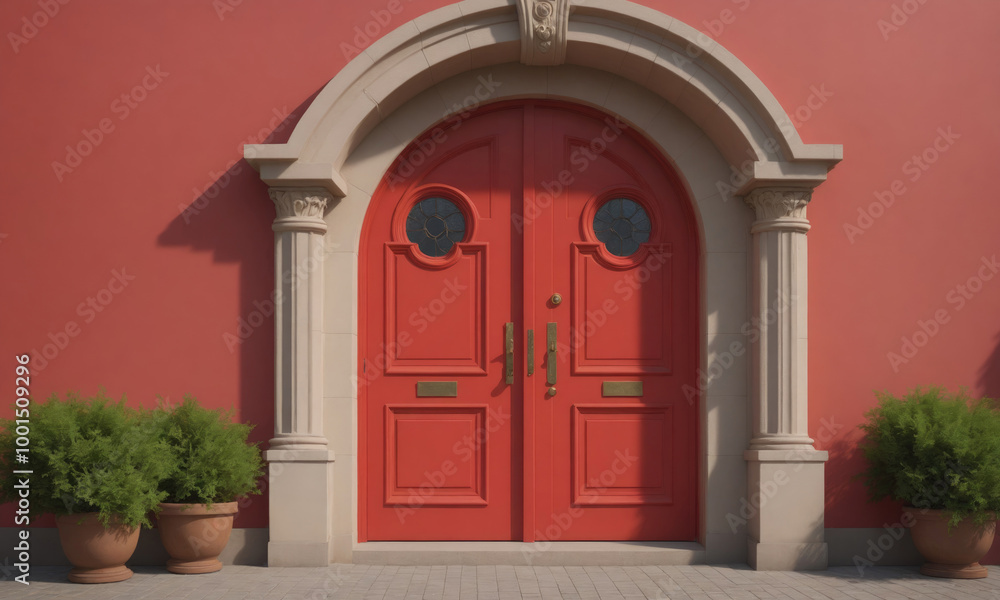 Fototapeta premium A red double door with arched trim and decorative columns sits on a red building