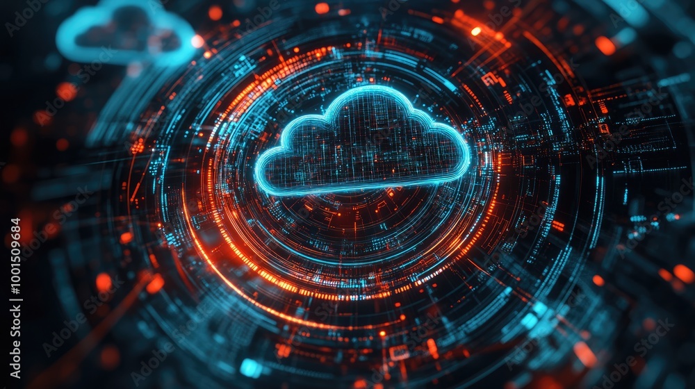 Obraz premium High-tech network visualization with a stylized cloud logo and intricate technology patterns