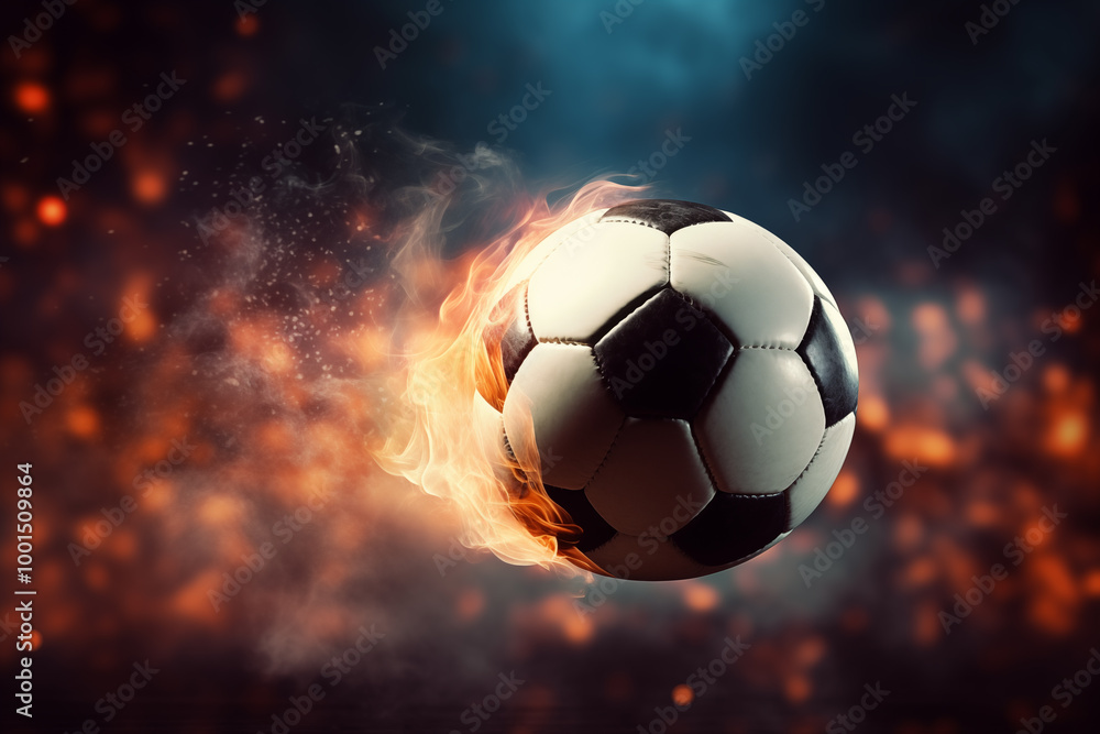 Fototapeta premium Burning soccer ball with flames depicting intense energy, heat, and scorching sports action