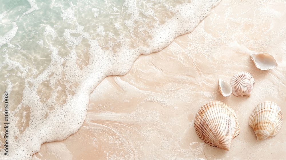 Waves gently lap the shore, surrounding seashells on a sandy beach. The clear turquoise water contrasts with the textured shells and soft sand, evoking tranquility and nature. AI generative. Waves gently lap the shore, surrounding seashells on a sandy beach. The clear turquoise water contrasts with the textured shells and soft sand, evoking tranquility and nature. AI generative.