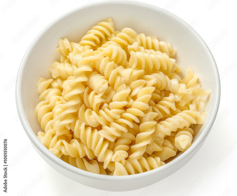 Bowl of cooked fusilli pasta rotini macaroni noodles in a white dish perfect for a delicious meal Bowl of cooked fusilli pasta rotini macaroni noodles in a white dish perfect for a delicious meal