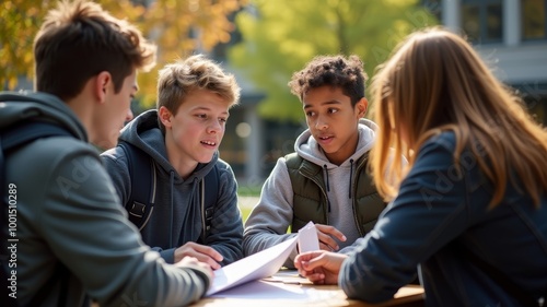Group of students collaborating outdoors on sunny day
