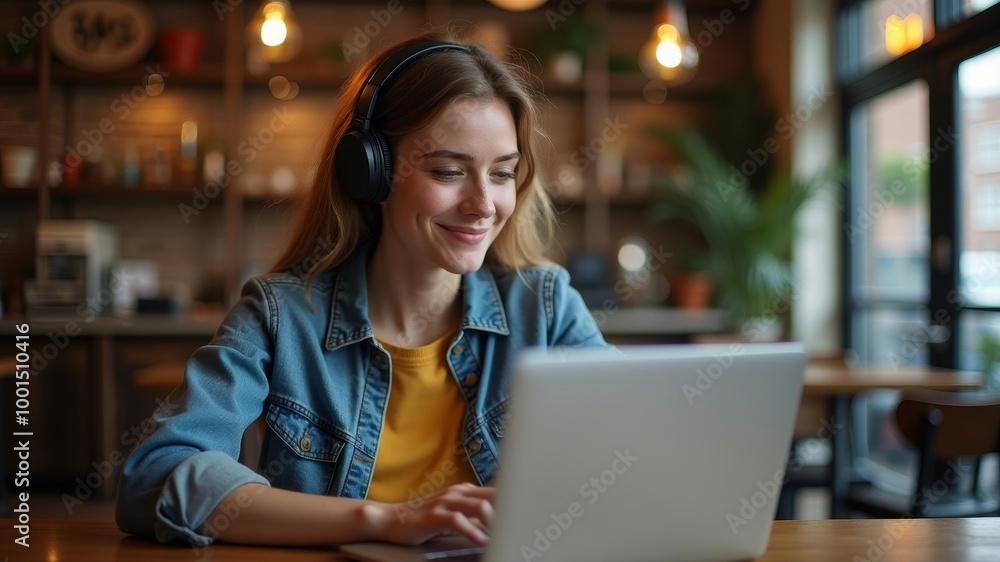 Young woman with headphones using laptop happily in trendy cafe Young woman with headphones using laptop happily in trendy cafe