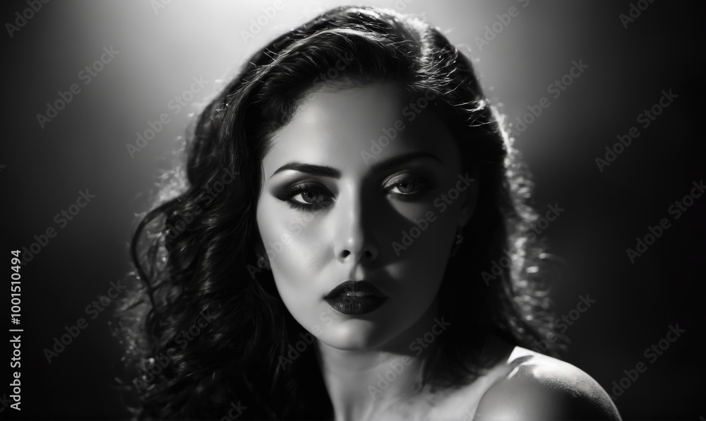 Fototapeta premium A woman with dark hair and striking eyes stares intently into the camera, bathed in dramatic lighting