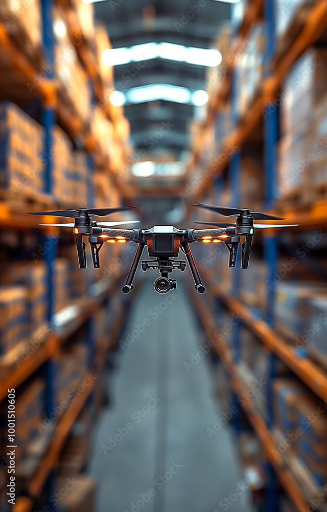 Drone with camera flying in a warehouse for industrial surveillance and logistics technology Drone with camera flying in a warehouse for industrial surveillance and logistics technology