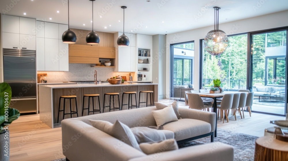 A modern open-concept living room leading to a kitchen, showcasing a seamless design with stylish bar stools and contemporary lighting fixtures, perfect for entertaining. A modern open-concept living room leading to a kitchen, showcasing a seamless design with stylish bar stools and contemporary lighting fixtures, perfect for entertaining.