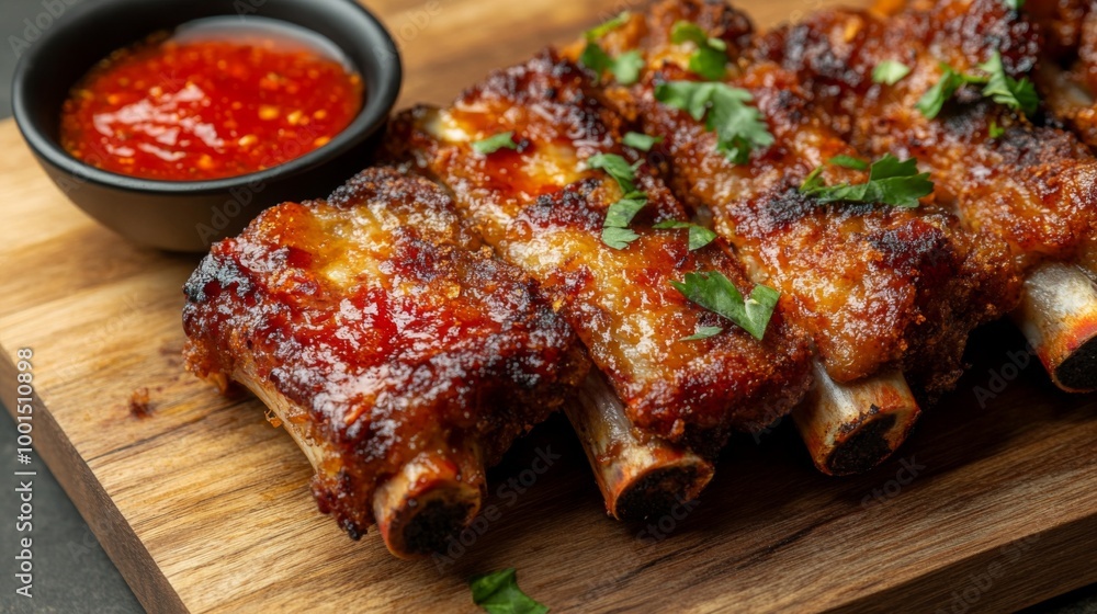 A mouthwatering close-up of juicy fried pork ribs, showing the crispy exterior and tender meat inside, placed on a wooden board with a side of spicy dipping sauce. A mouthwatering close-up of juicy fried pork ribs, showing the crispy exterior and tender meat inside, placed on a wooden board with a side of spicy dipping sauce.