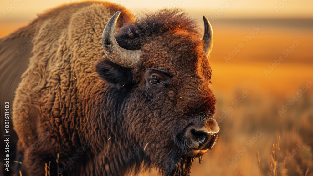 Fototapeta premium Majestic bison in the golden light of sunset on the prairie