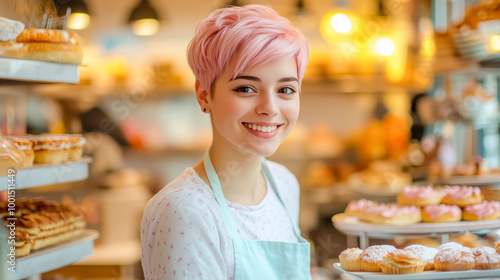 smiling female baker with short pink hair, wearing an apron, standing in front of a display of pastries in a cozy bakery