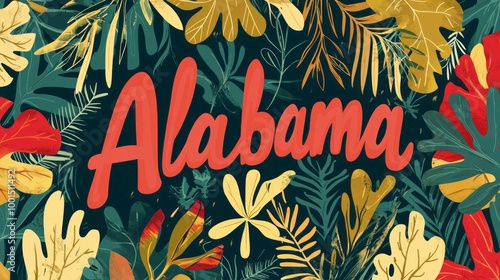 Vibrant "Alabama" typography artwork surrounded by colorful tropical leaves and foliage. Bold red lettering contrasts against lush greenery and warm yellow accents. AI generative.