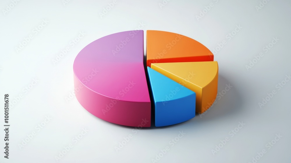 Obraz premium A multi-colored 3D pie chart in a minimalist style, with sections slightly lifted to show the data split, presented on a clean, white background.
