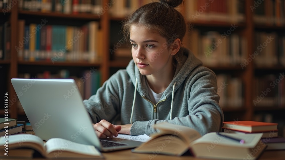Young student focused on laptop in library surrounded by books Young student focused on laptop in library surrounded by books