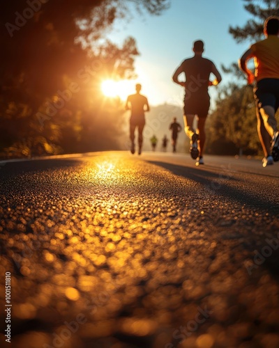 Group of male marathon runners sprinting down a road, sunlight highlighting their movements Wideangle shot, strong focus on motion and competition, race setting