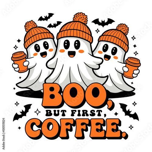 Three ghosts holding coffee cups and the words Boo, but first, coffee. Vector image is a Halloween themed coffee mug