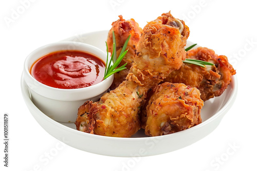 Crunchy chicken drumstick in tomato dip isolated on transparent background