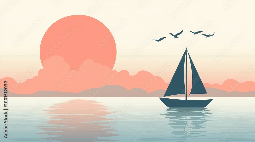 Fototapeta premium A sailboat peacefully floats on tranquil waters as birds fly against a vibrant sunset backdrop
