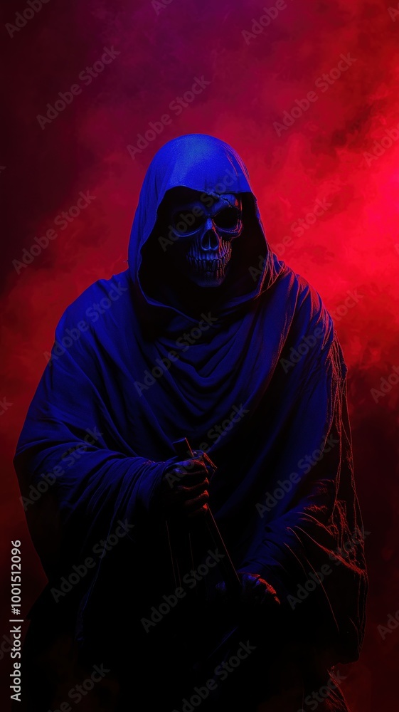 Grim reaper in a hood holding a staff in front of a red and dark foggy background Grim reaper in a hood holding a staff in front of a red and dark foggy background