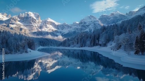 Frozen alpine lake surrounded by snowy mountains 