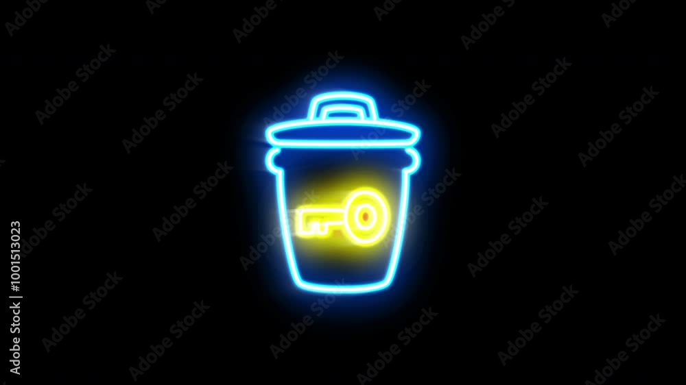 The blinking neon light of trash with key icon in the black background. The blinking neon light of trash with key icon in the black background.