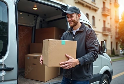 Delivery Service: A Middle-Aged Man with Box Exiting a Van