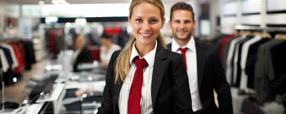 A professional man in a suit engages with a female salesperson A professional man in a suit engages with a female salesperson