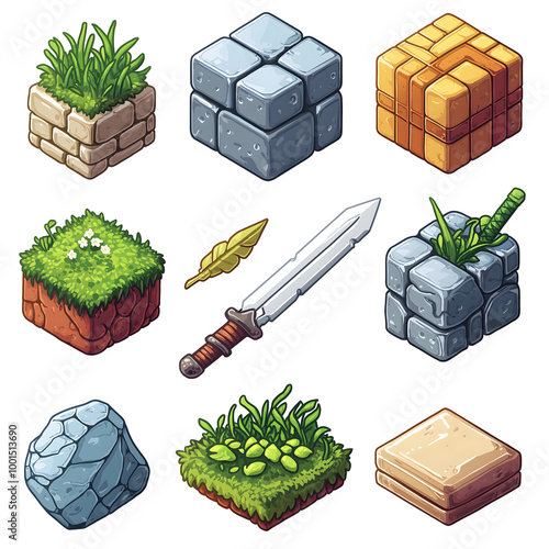 simple cubic image a set of game components: sword, armor, helmet, grass, color stone, minimalism, in pixel style, with clear geometric lines. icon, completely filled in, without shadows or gradients.