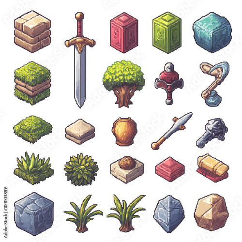 simple cubic image a set of game components: sword, armor, helmet, grass, color stone, minimalism, in pixel style, with clear geometric lines. icon, completely filled in, without shadows or gradients.